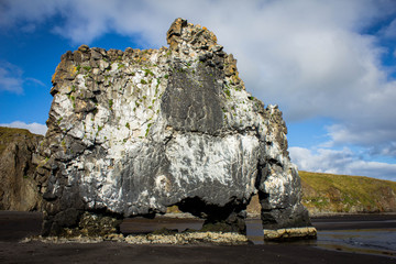 Basalt rock Hvitserkur in the form of a huge elephant on the shores of the Atlantic Ocean in...