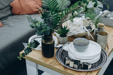 Green plants, succulents and plates on table at home. Part of scandinavian interior