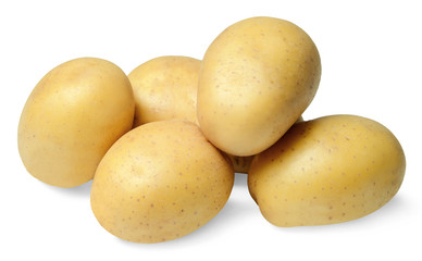 A small pile of clean washed potatoes on a white isolated background. Close-up. Side view.