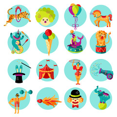 Circus. Vector illustration set with circus tent, animals, celebratory objects. Flat style design elements on background for baby birthday party, patch, sticker, icons, party props, cake toppers.