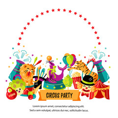 Circus. Vector illustration with animals, clowns and magicians. Template for circus show, party invitation, poster, kids birthday. Flat style.