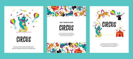 Circus. Vector illustration set with animals, clowns, circus tent and magicians. Template for circus show, party invitation, poster, kids birthday. Flat style.