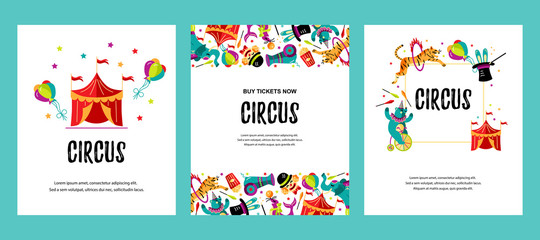 Circus. Vector illustration set with animals, clowns, circus tent and magicians. Template for circus show, party invitation, poster, kids birthday. Flat style.