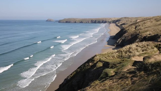 Perran sands Perranporth North Cornwall England UK viewed from the coast path towards Penhale Sands