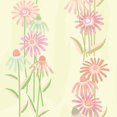 Pastel green and pink Echinacea flowers on light yellow watercolour style background. Seamless vector half drop pattern. Perfect for wellness, beauty, spa garden products, fabric, stationery, giftwrap