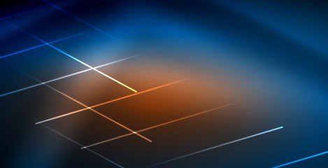 Neon glowing techno lines, blue hi-tech futuristic abstract background template with lights