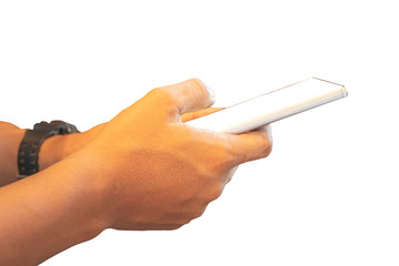 Hand holding telephone on a white background with clipping path.