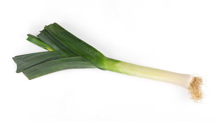 Raw Green Organic Leeks Ready to Chop on a white background