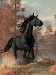 Fototapeta na wymiar A dark coated horse with a black mane and tail gallops along a dusty road. Behind it rises a small glade of trees with bright Autumn foliage. 3D Rendering