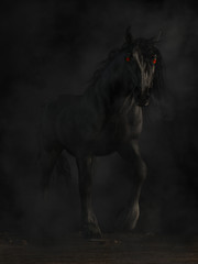Fototapeta na wymiar A black horse emerges from darkness. It eyes glow red as it gazes upon you. With it comes fear. This dark horse is the Nightmare, the bringer of bad dreams. 3D Rendering