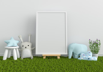 Blank photo frame for mockup and doll on grass, 3D rendering
