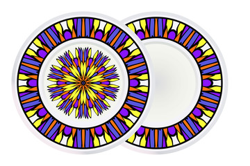 Set of two Simple Round Floral Mandala, Ethno Motive. Bright Ornament Consists Of Simple Shapes. Vector Illustration.. For Home Decor, Coloring Book, Greeting Card, Invitation, Tattoo.
