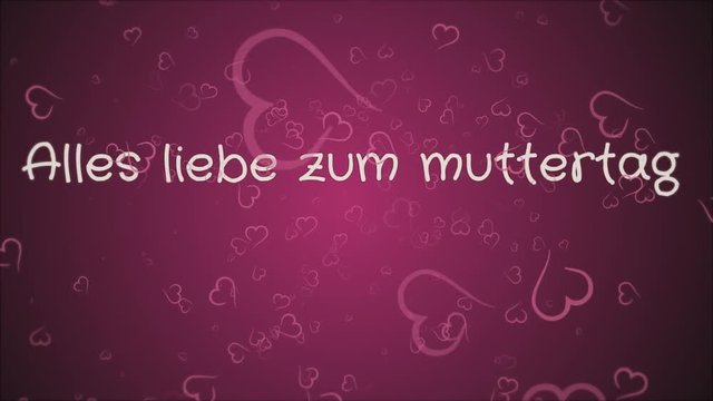 Animation Alles liebe zum muttertag Happy Mother's day in german language, greeting card, falling hearts, pink background