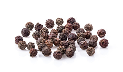 Black Peppercorns isolated on white background. full depth of field