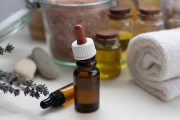 Essential oils and ingredients for homemade cosmetics and scrubs. Skin care concept.