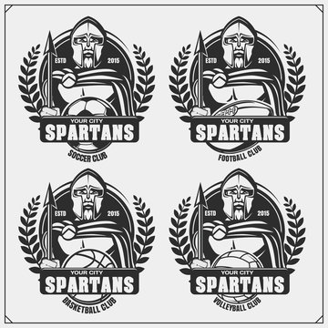 Volleyball, baseball, soccer and football logos and labels. Sport club emblems with spartans. Print design for t-shirts.