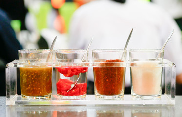 Thai condiment set for seasoning noodle.