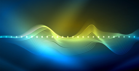 Glowing abstract wave on dark, shiny motion, magic space light. Vector techno abstract background