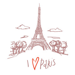 Travel Paris promo flyer. Greeting card. Eiffel tower. hand lettering i love Paris. Postcard with french landmarks,sights. Travel concept postcard design for tourists in Paris, France. doodle scketch