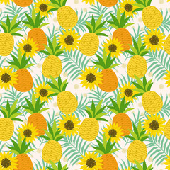 Materiał do szycia Pineapple and sunflower on leaves seamless pattern.