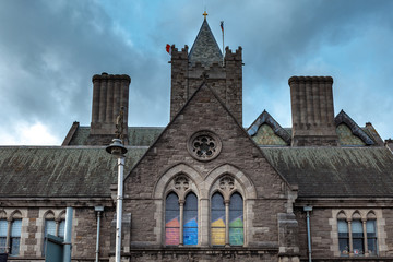 Dublin, Ireland – March 2019. Colorful windows at Christ Church Cathedral in Dublin, Ireland