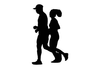 Fototapeta na wymiar silhouette male and female walking exercise for Health At area Stadium Outdoors