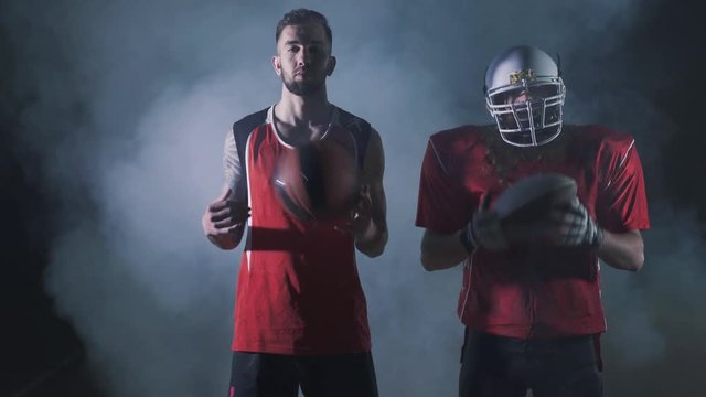 Multi sports collage with basketball, American football players. Conceptual photo with fit athletes in darkness with smoke. Super Bowl concept