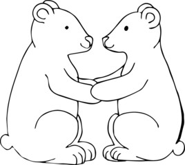 Black white vector illustration. Two polar bears sit facing each other and hold on to their paws. Template for a romantic greeting card. Coloring page.