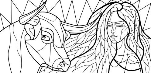 black and white illustration of a beautiful girl, embodying the zodiac sign in the style of stained Glass