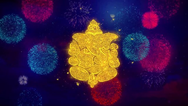 Diwali Lord Ganesh Greeting Text with Particles and Sparks Colored Bokeh Fireworks Display 4K Background Symbol Element Sign