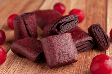 Homemade fruit leather of cherry. Pastila. Fruit rolls.