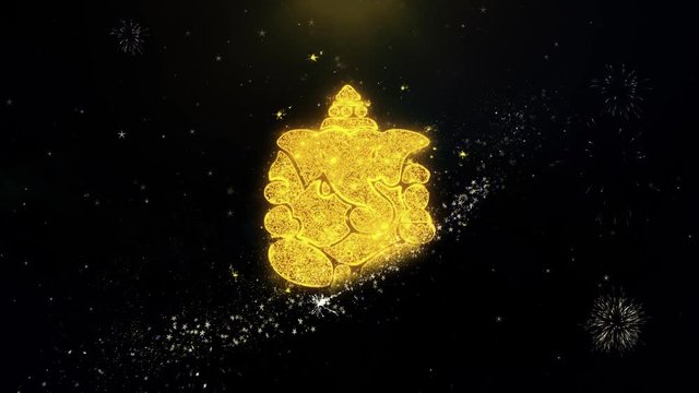 Diwali Lord Ganesh Written Gold Glitter Particles Spark Exploding Fireworks Display 4K Background Symbol Element Sign