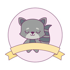 cute cat animal with ribbon in frame circular