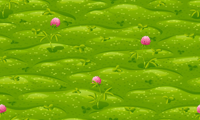 Seamless green lawn with pink flowering clover, vector cartoon background.
