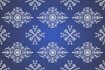 Elegant seamless pattern hand drawn traditional ornament decoration mixed with victorian style. Geometry each side for fashion fabric, knit, textile, batik. Blue background.