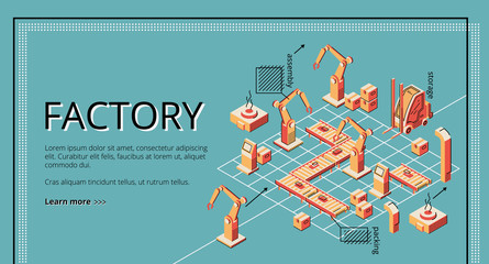 Factory conveyor belt landing page. Robotic arms packing producion on transporter belt line. Automation, smart industrial revolution, robot assistants. Isometric vector illustration, line art, banner.