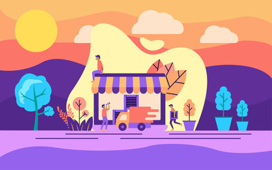 Modern flat design concept of fast delivery on outdoor illustration. Modern illustration conceptual for banner, flyer, promotion, marketing material, online advertising, business presentation