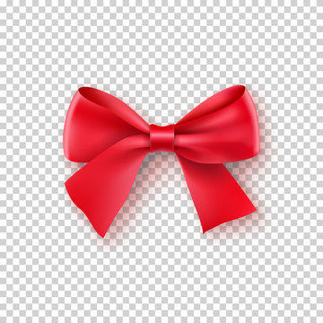 Fashionable red bow with ribbon. Silk accessory for clothes. Design element with shadow isolated on transparent background. Realistic decoration for holiday. Elegant vector object from silk
