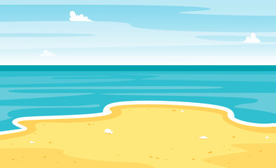 Fototapeta na wymiar Beach and sand. Sea or ocean scene. Summer landscape. Cartoon vacation travel banner. Vector cute illustration. 