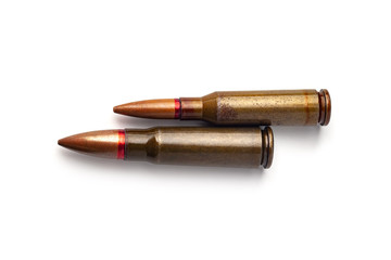 Two old bullets for automatic rifles of 5.45 and 7.62 caliber. Selective focus.