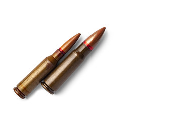 Two old bullets for automatic rifles of 5.45 and 7.62 caliber. Selective focus.