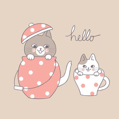 Cartoon cute cats and tea pot and cup vector.