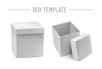 Naklejka premium Opened delivery cardboard box mockup with shadow. Closed blank packaging box with cap isolated on white background vector illustration. Realistic empty white pasteboard container for goods shipping.