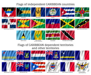 Wavy flags of independent Caribbean countries and dependent territories. Curved officially recognized flags of states. Realistic patriotic symbols vector illustration. National and political identity.