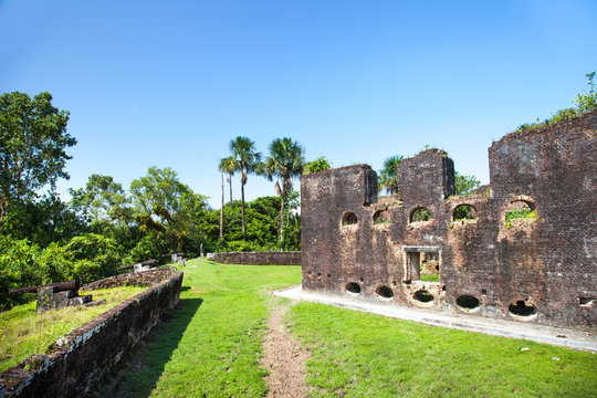 Fortress. Brick walls of Fort Zeelandia, Guyana. Fort Zealand is located on the island of the Essequibo river. The Fort was built in 1743 during the Dutch colonization. World tourism.