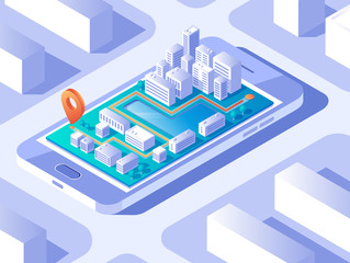 Location pointer on smartphone screen map. GPS navigation concept. Isometric vector illustration. The mobile application creates a route for moving around the city.