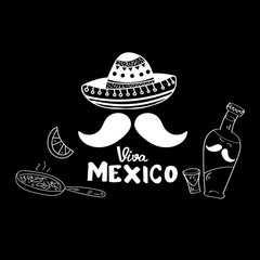 Viva Mexico hand lettering calligraphy with mexican sombrero,bottle tequila,maraca,eggs and mustache.Used for greeting card, poster design.Vector illustration. Pattern on background.