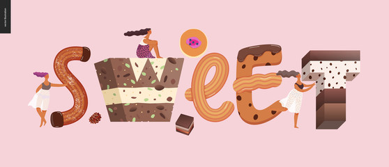 Dessert lettering - Sweet - modern flat vector concept digital illustration of temptation font, sweet lettering and girls. Caramel, toffee, biscuit, waffle, cookie, cream and chocolate letters