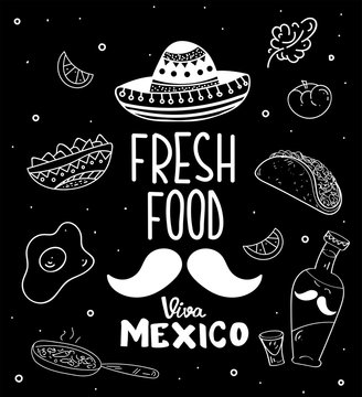 Viva Mexico Fresh Food hand lettering calligraphy with mexican sombrero,bottle tequila,maraca,guitar,nachos,eggs.Used for greeting card, poster design.Vector illustration. Pattern on background.