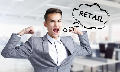 Business, technology, internet and networking concept. Young entrepreneur shouts out a keyword:...